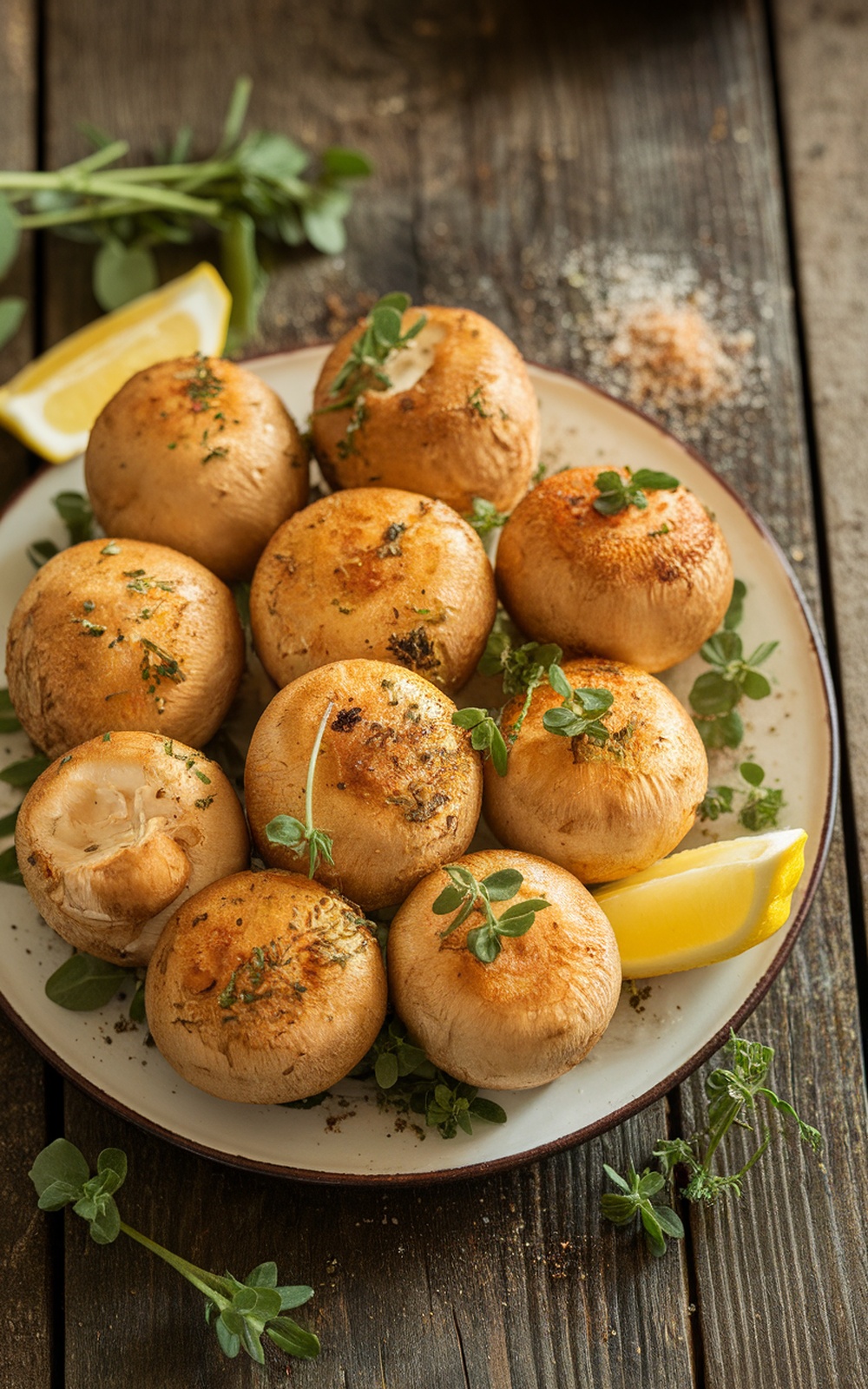 Pan-Fried Puffball Mushroom Recipe Pan-fried puffball mushrooms garnished with herbs and lemon wedges on a wooden table.